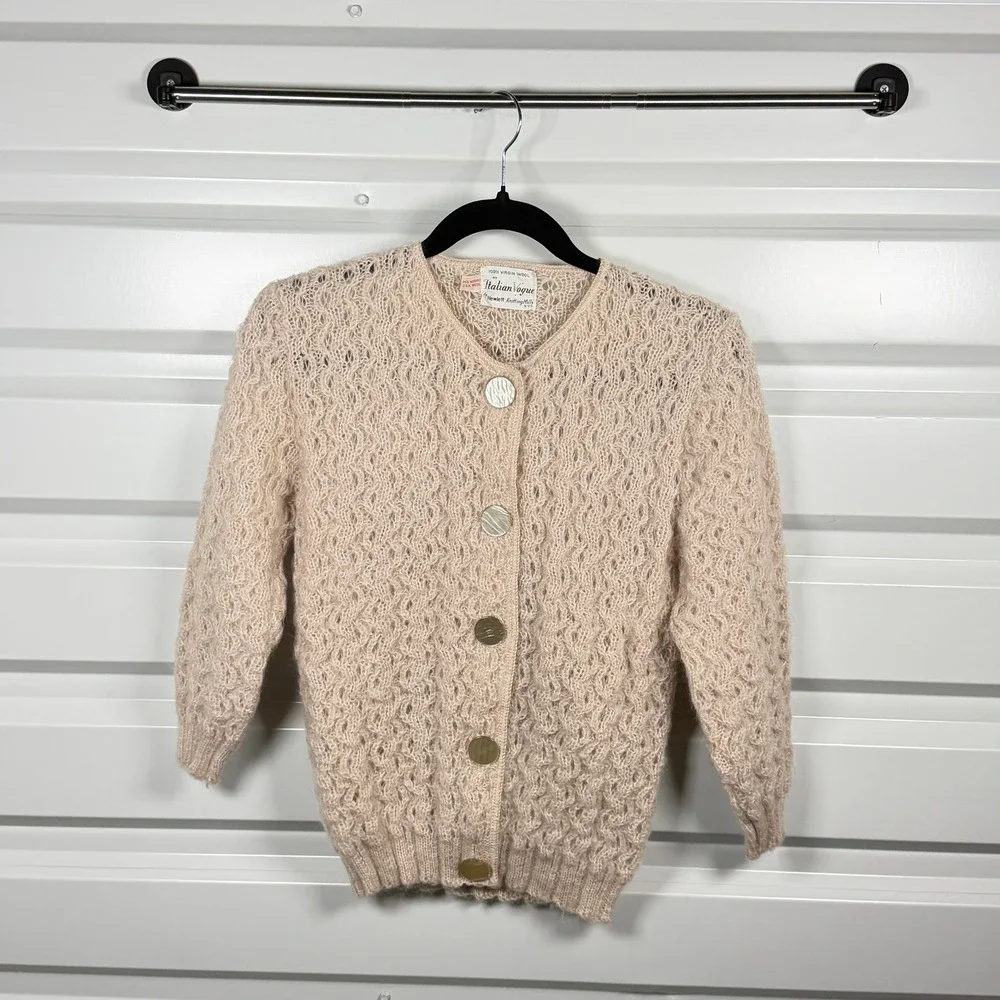 Vintage Italian Vogue Cardigan Women S Beige Mohair Wool Blend Open Knit Vintage